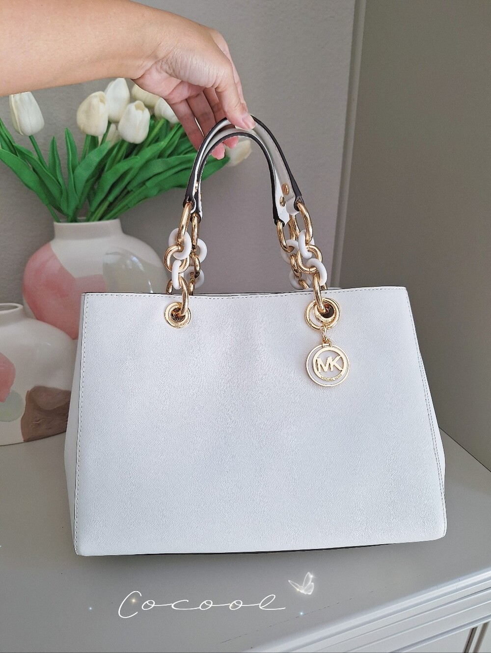 NWT Michael Kors Cynthia Satchel White chain bag leather triple compartment $298